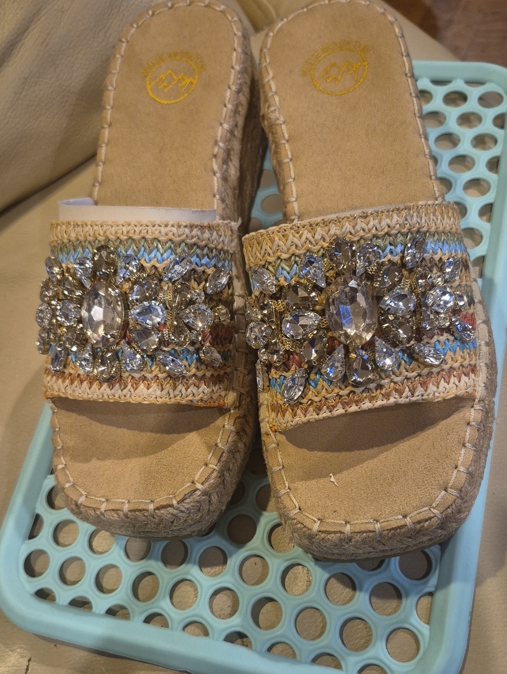 NEW-- Beaded Crystal Tan Slide Mules with Woven Trim